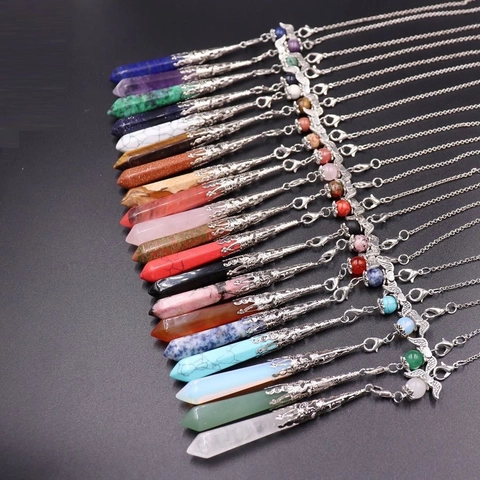 Hexagonal Pillar Crystal Pendant Necklace Natural Gemstone Angel Wings Filigree Spiritual Healing Dowsing Pendulum Jewelry