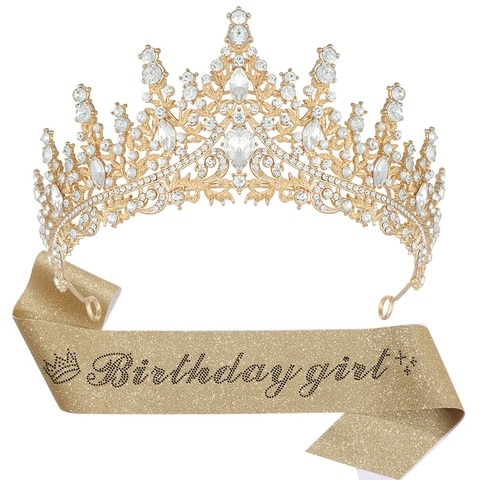 Luxuriöses Strass Geburtstag Tiara Und Schärpe Set Zinklegierung Krone Mit Birthday Girl Glitzer Schärpe Party Dekorationen Für Damen