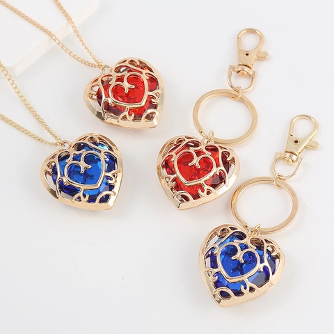 Collar Con Colgante De Corazón Hueco Y Llavero Cristal Rojo Azul Aleación Chapada En Oro Joyería De Moda Romántica