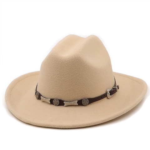 Western Cowboy Hat Woolen Felt Wide Brim Fedora Hat With Leather Star Band Retro Ethnic Style Men Women
