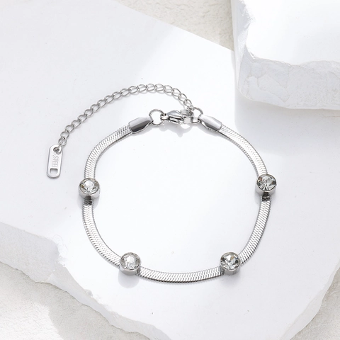 Edelstahl Fischgrätenkette Armband Damen Elegant Rund Zirkonia Inlay Verstellbar Minimalist Mode Schmuck