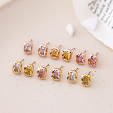 Geometric Rectangle Emerald Cut Zircon Stud Earrings Titanium Steel 14K Gold Plated Simple Retro Jewelry For Women