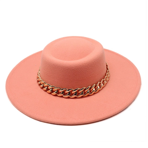 Elegant Wool Felt Boater Hat For Men Women Flat Top Wide Brim Fedora With Gold Metal Chain Fashion Jazz Party Sun Hat