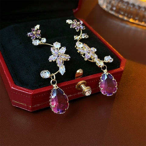 Purple Crystal Teardrop Flower Earrings With Silver Earring Post Copper Gold Plated Zirconia Luxury Elegant Jewelry For Women