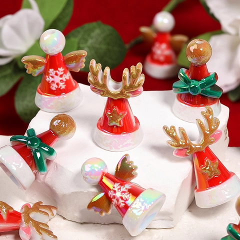Perles Chapeau De Noël En Acrylique Motif Bois De Cerf Flocon De Neige Noeud Irisé Galvanisé Pour Accessoires Bijoux DIY