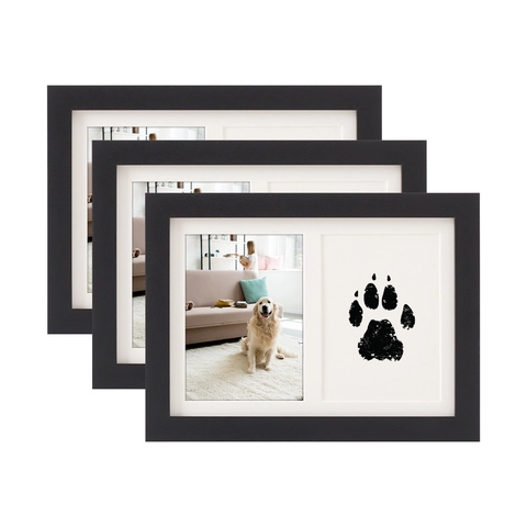 Cadre Photo Commémoratif pour Animaux en MDF Avec Kit Empreinte de Patte sans Encre Double Fenêtre Souvenir Chien Chat