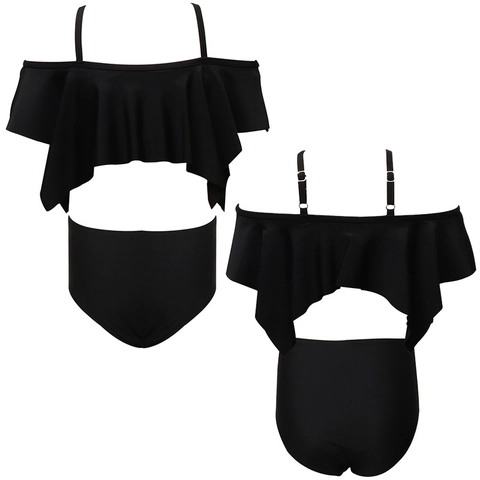 Mädchen Nylon Badeanzug Oberteil Und Unterteil Schulterfrei Rüschen Puffärmel Hohe Taille Bikini Kinder