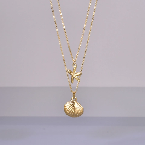 Vintage Stainless Steel Seashell Starfish Pendant Necklace For Women Summer Beach 18K Gold Plated Double Layer Jewelry Necklace
