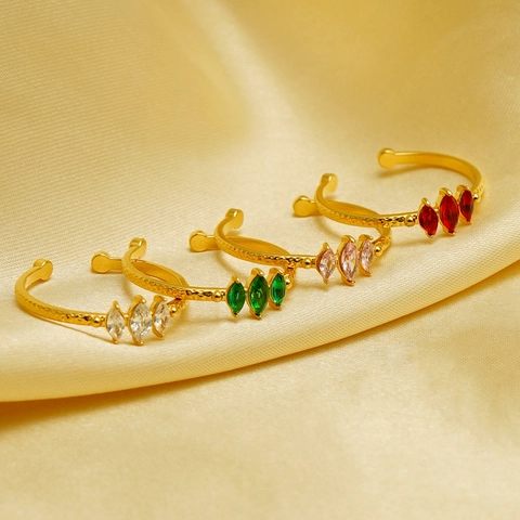 Bagues Zircon Marquise Acier Inoxydable Plaqué Or 18K Design Ouvert Réglable Texture Martelée Style Vintage Femmes