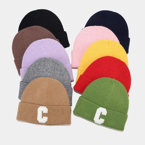 Knitted Beanie Hat Peacock Velvet Warm Winter Ribbed Varsity Letter C Patch Soft Slouchy Skull Cap Women Men
