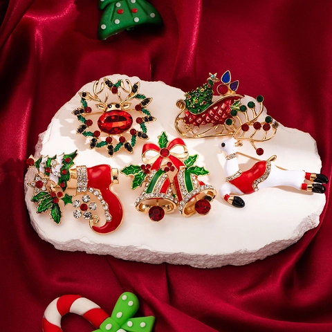 Broche De Noël Alliage Émail Strass Renne Cloches Traîneau Botte Bijoux De Vacances Décor