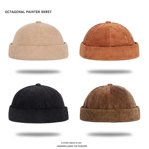 Retro Corduroy Docker Hat Brimless Beanie Miki Hat Solid Color Adjustable Sailor Cap For Men Women Vintage Streetwear