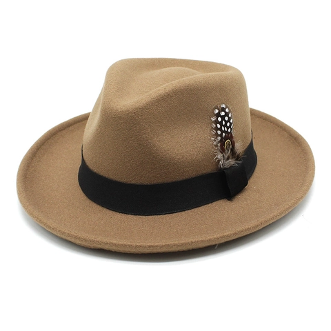 Classic Fedora Hat Wool Felt With Spotted Feather Decor Ribbon Band Wide Brim Vintage Jazz Style For Men Women Elegant Winter Accessory