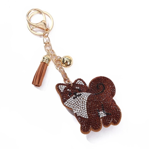 Animal Rhinestone Keychain Dog Cat Crystal Bag Charm With Leather Tassel And Bell Alloy Metal Decoration