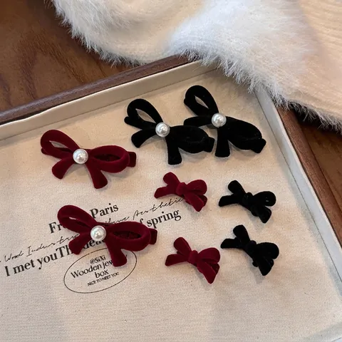 Fermagli Per Capelli Con Fiocco In Velluto Mini Artigli Con Perla Artificial Sintetica Retro Rosso Nero Mollette Donne Ragazze
