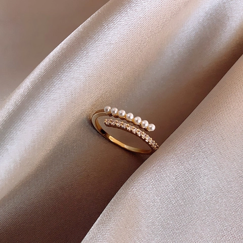 Eleganter Doppelschichtiger Offener Ring Legierung Faux Künstliche Perle Zirkon Minimalistischer Zeigefinger Schmuck Geschenk Damen