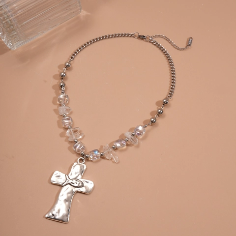 Grote Kruis Hanger Ketting Legering Iridiserende Acryl Kralen Gehamerde Textuur Ichthys Symbool Vintage Vrouwen