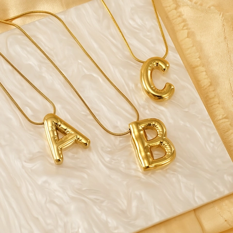 Puffy Alphabet Initial Necklace Stainless Steel Balloon Letter Pendant Snake Bone Chain Gold Plated Fashion Jewelry For Women