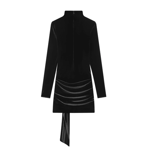 Vestido Mini De Terciopelo Para Mujer Cuello Semialto Manga Larga Fruncido Ajustado Elegante Color Sólido Estilo Cóctel