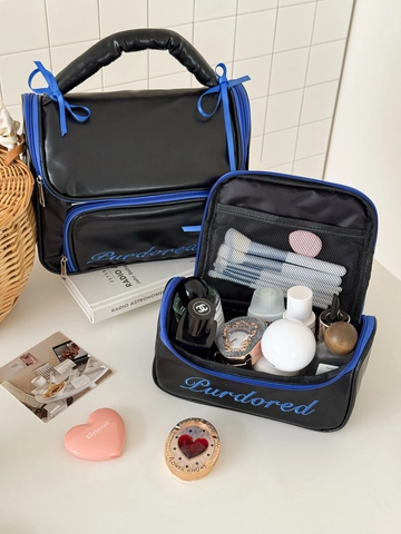 Tragbare Kosmetiktasche Aus PU-Leder Wasserdichte Make-Up Organizer Mit Schleife Stickerei Für Damen Reise Aufbewahrung
