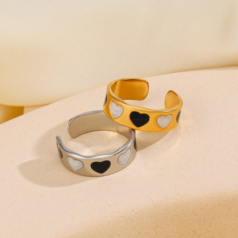 Anillo Abierto De Corazón De Acero Inoxidable Ajustable Esmalte Blanco Negro Joyería De Moda Mujer Estilo Minimalista