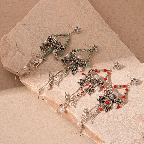 Vintage Bohemian Long Tassel Earrings Alloy Flower Butterfly Design With Imitation Artificial Pearls And Silver Earring Post For Women