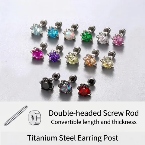 Dragon Claw Zirconia Stud Earrings Titanium Steel Screw Back Labret Cartilage Piercing Jewelry Unisex Colorful