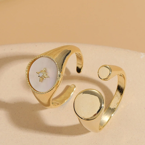 Anillo Abierto de Cobre Vintage para Mujer Concha Circonia Hexagrama Estrella Ajustable Joyería de Moda Anillo Geométrico Chapado en Oro