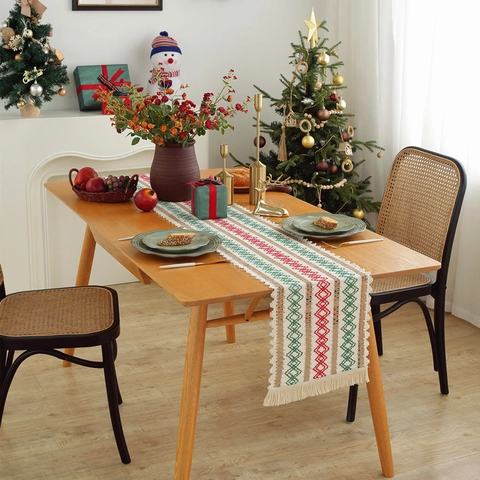 Christmas Table Runner Cotton Jute Woven Striped Diamond Pattern With Tassel Festive Dining Room Sideboard Decoration