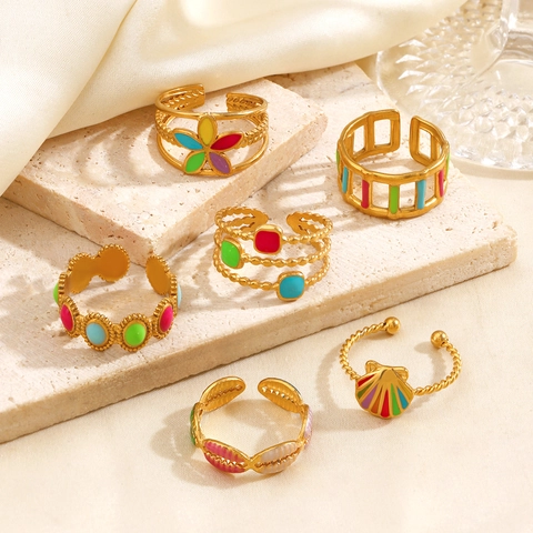 Anillos Abiertos De Acero Inoxidable Con Esmalte Colorido Para Mujer Bohemio Chapado En Oro Ajustable Concha Flor