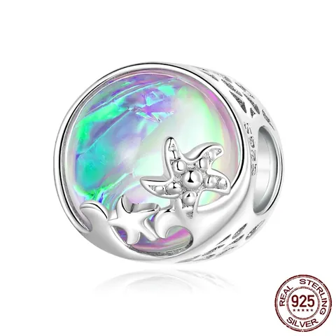 S925 Sterling Silver Beach Wave Starfish Charm Iridescent Resin Enamel Ocean Style Beads For Bracelet Necklace Making DIY Women Jewelry
