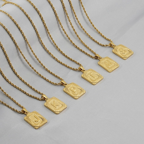 Collar Con Colgante De Letra Inicial Acero Inoxidable Chapado En Oro De 18K Etiqueta Cuadrada Cadena De Cuerda Hip Hop