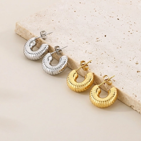 Pendientes De Aro Croissant Retro Textura Acanalada En Forma De C Huecos Acero Inoxidable Estilo Francés Joyería