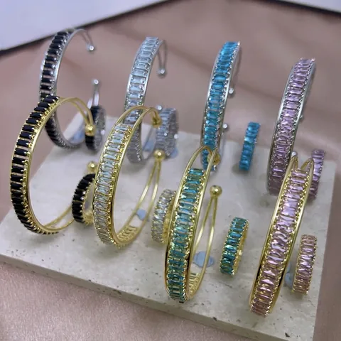 Brazalete y Anillo Abiertos Ajustables de Cobre con Diamantes de Imitación de Lujo para Mujer Joyas de Moda de Cristal