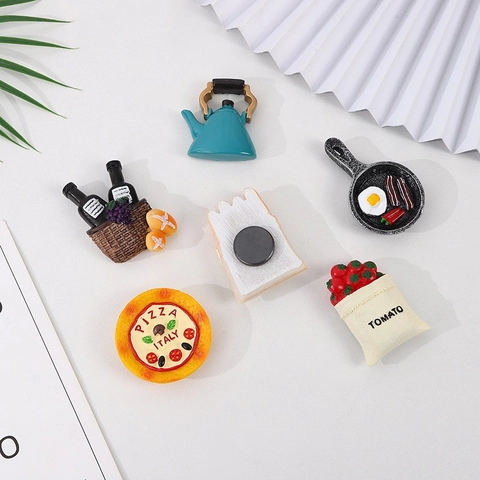 3D Simulated Food Refrigerator Magnets Resin Mini Bread Pizza Egg Coffee Kitchen Decoration Message Board Magnetic Stickers