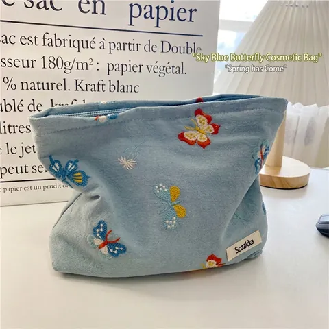 Schmetterling Stickerei Kosmetiktasche Baumwolle Leinen Leinwand Reißverschluss Tragbare Reise Make-up Organisator Beutel
