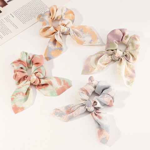 Korean Style Colorful Tie-Dye Marble Print Scrunchies With Long Ribbon Bow Elegant Cloth Hair Ties For Women Girls