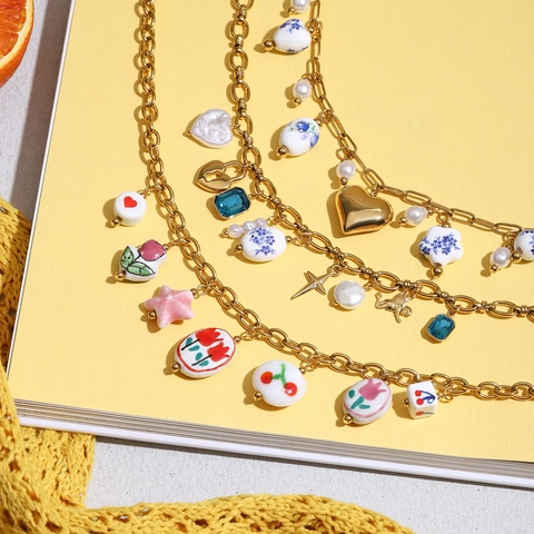 Vintage 18K Vergoldete Edelstahlkette Mit Keramikperlen Faux Künstliche Perle Herz Anhänger Wasserdichter Schmuck Für Damen