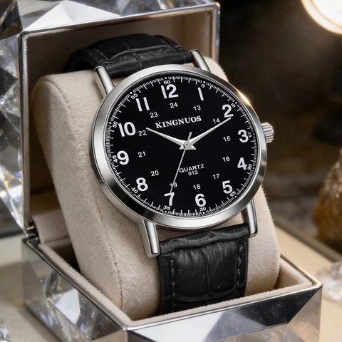 KINGNUOS Montre à Quartz de Luxe Femmes Hommes Bracelet en Cuir Véritable Motif Crocodile Boîtier en Métal Étanche Analogique Casual Business Bijoux Montre-Bracelet
