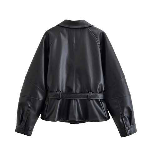 Chaqueta de Cuero PU Negra Casual para Mujer Con Cinturón Color Sólido Solapa Streetwear Manga Larga Chaqueta para Mujer