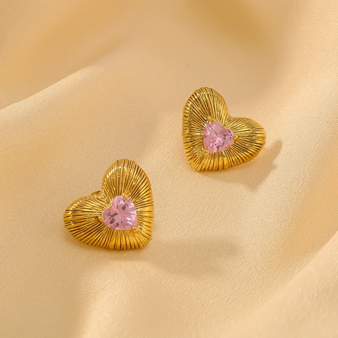 Heart Stud Earrings Stainless Steel 18K Gold Plated Radial Texture Heart Gemstone Retro Elegant Jewelry For Women