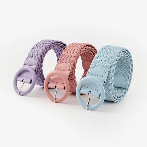 Cinturón Trenzado De Cuero PU Para Mujer Hebilla Redonda Forrada Color Caramelo Cintura De Moda Versátil