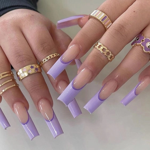 Faux Ongles Longs Cercueil Français Violet Base Nude Brillante Ongles Artificiels Pour Femmes Manucure