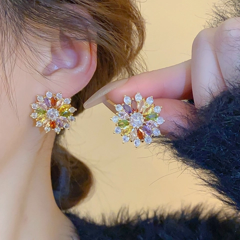 Orecchini A Lobo Con Fiori Colorati Rame Zircone Con Perno In Argento Sterling 925 Gioielli Eleganti Placcati Oro