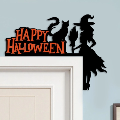 Decorazione Angolo Porta Halloween In Legno Strega Gatto Nero Silhouette Targa Happy Halloween Ornamento