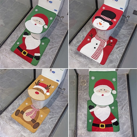 Christmas Toilet Seat Cover And Bathroom Rug Flannel Santa Snowman Reindeer Festive Holiday Decor Home Bathroom