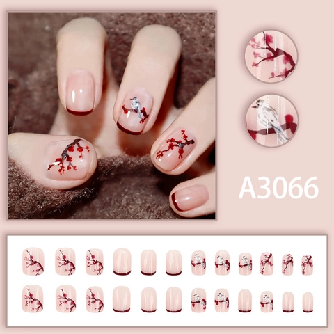 Chinese Style Plum Blossom Magpie Press On Nails Square Round Short False Nails Elegant Art New Year For Women