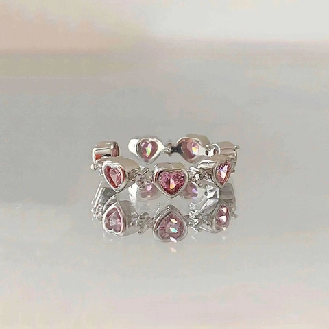 Heart Shaped Pink Zirconia Ring Silver Color Adjustable Open Design Vintage Sweet Fashion Jewelry For Women