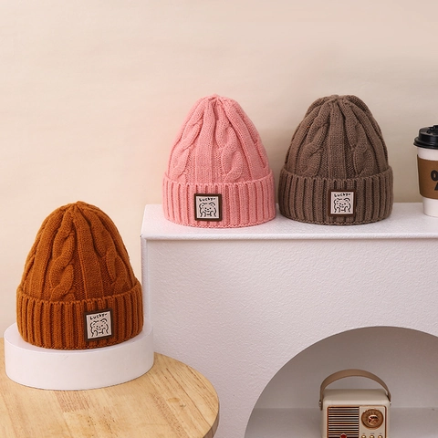 Kids Knit Beanie Hat Thick Cable Knit Acrylic Warm Winter Windproof Cute Cartoon Bear Lucky For Boys Girls