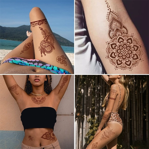 Henna Tattoo Stickers Red Brown Waterproof Indian Mandala Lace Flower Water Transfer Body Art Temporary Decoration Women